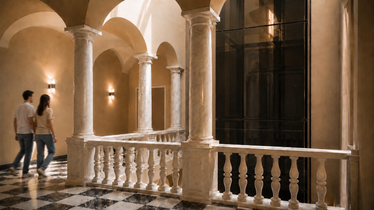 L'androne di Giustiniani 19 a Genova: archi, colonne e la balaustra di marmo